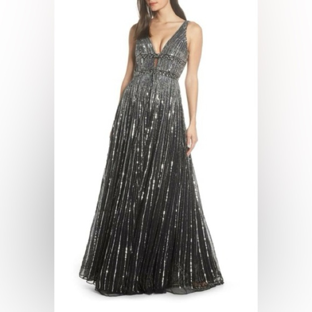 Mac Duggal Glittering Silver Maxi Dress
